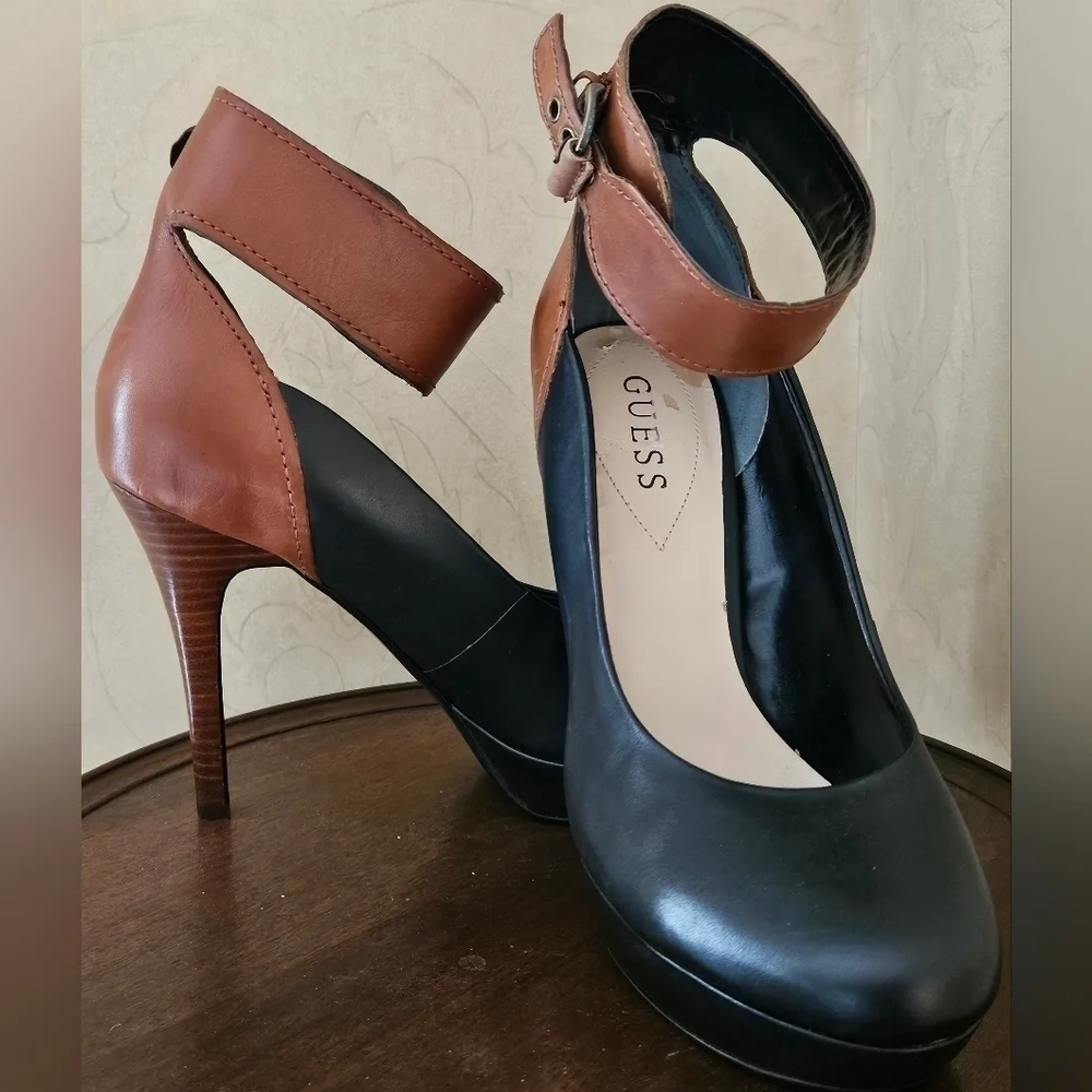 Guess Genuine Leather Black & Tan Ankle Buckle Platform Wood Heels-9M